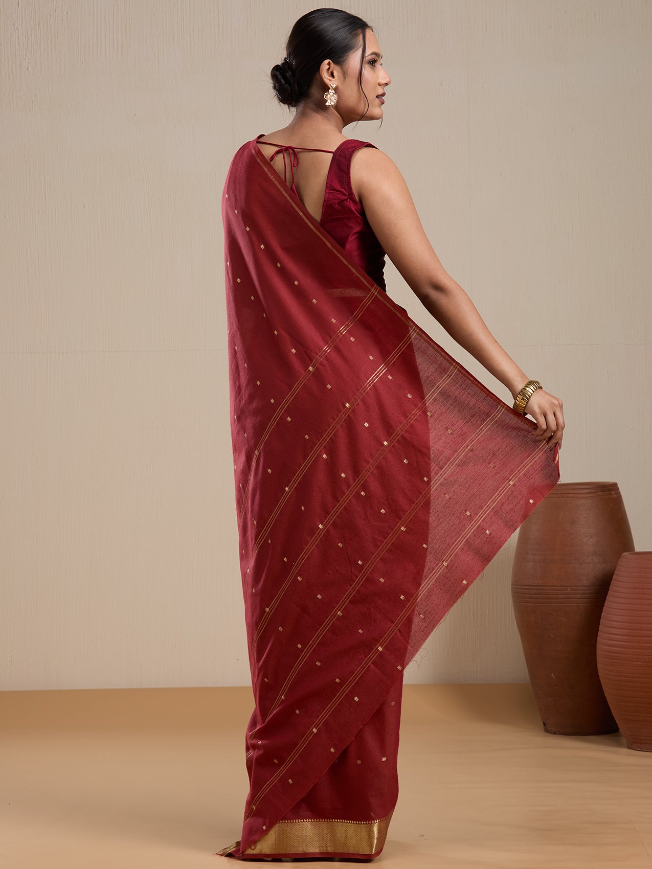 Vervee Couture Maroon Silk Blend Saree with Zari Border and Semi Stitched Blouse | EKA