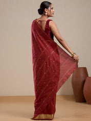 Vervee Couture Maroon Silk Blend Saree with Zari Border and Semi Stitched Blouse | EKA