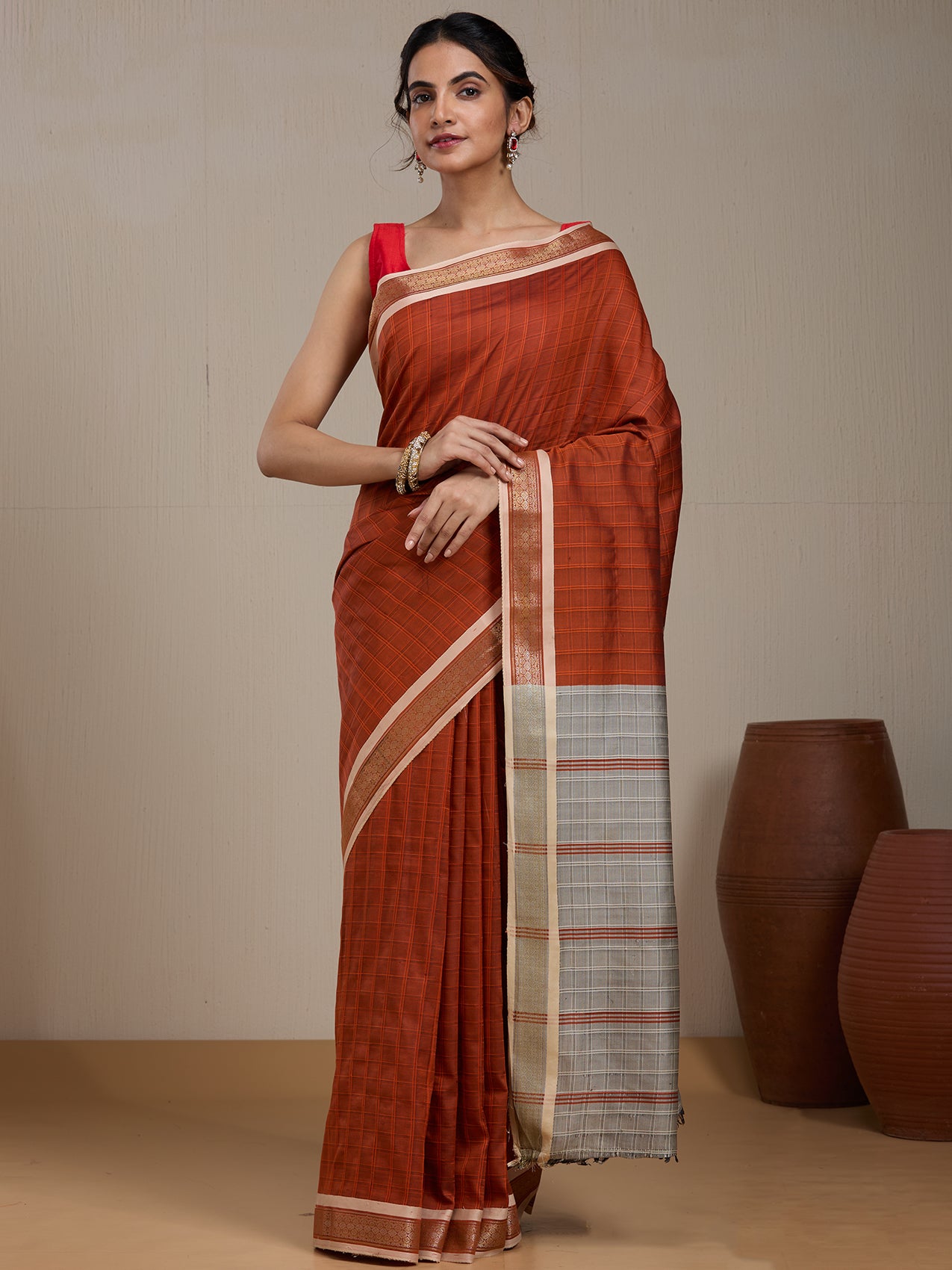Vervee Couture Rust Grey Woven Silk Blend Saree with Semi Stitched Blouse | EKA