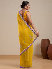 Vervee Couture Yellow Poly Georgette Embellished Saree with Semi Stitched Blouse | EKA