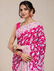 Vervee Couture Pink White Floral Printed Poly Georgette Saree | EKA