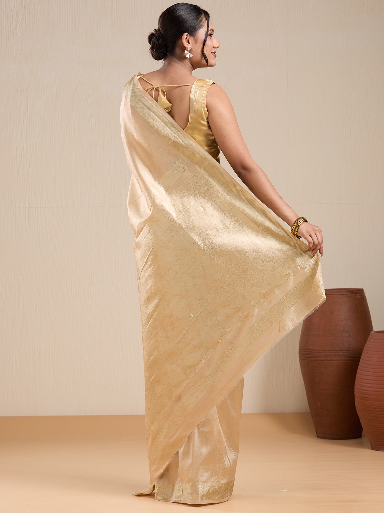 Vervee Couture Gold Silk Blend Saree with Zari Border and Semi Stitched Blouse | EKA