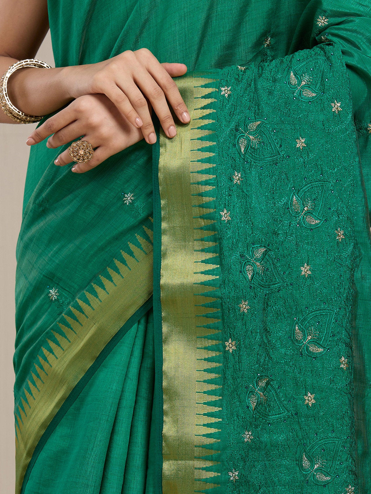 Vervee Couture Emerald Green Gold Woven Silk Blend Saree | EKA