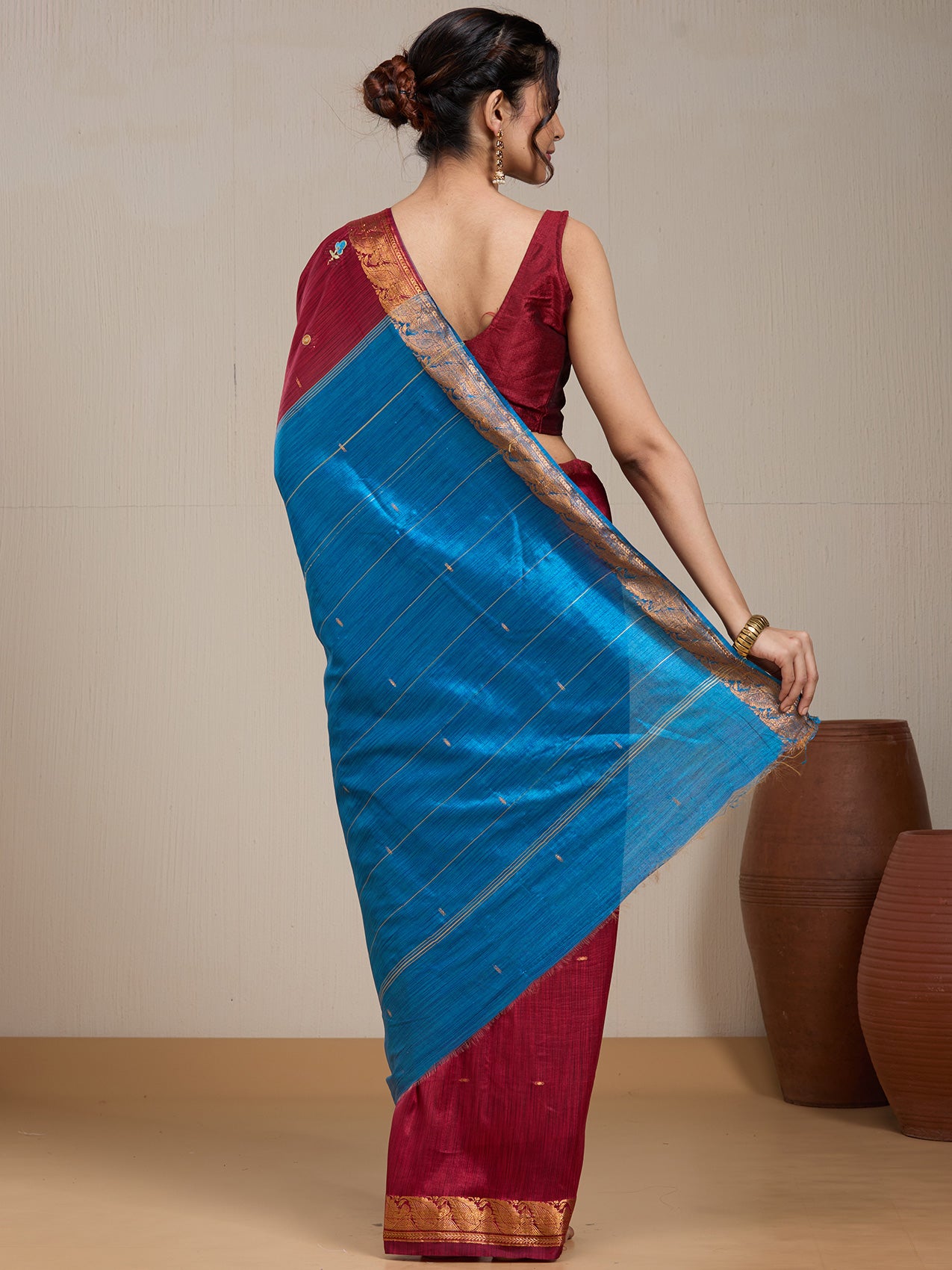 Vervee Couture Magenta Blue Woven Silk Blend Saree with Semi Stitched Blouse | EKA