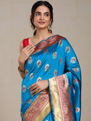Vervee Couture Blue Woven Silk Blend Saree with Zari Border | EKA