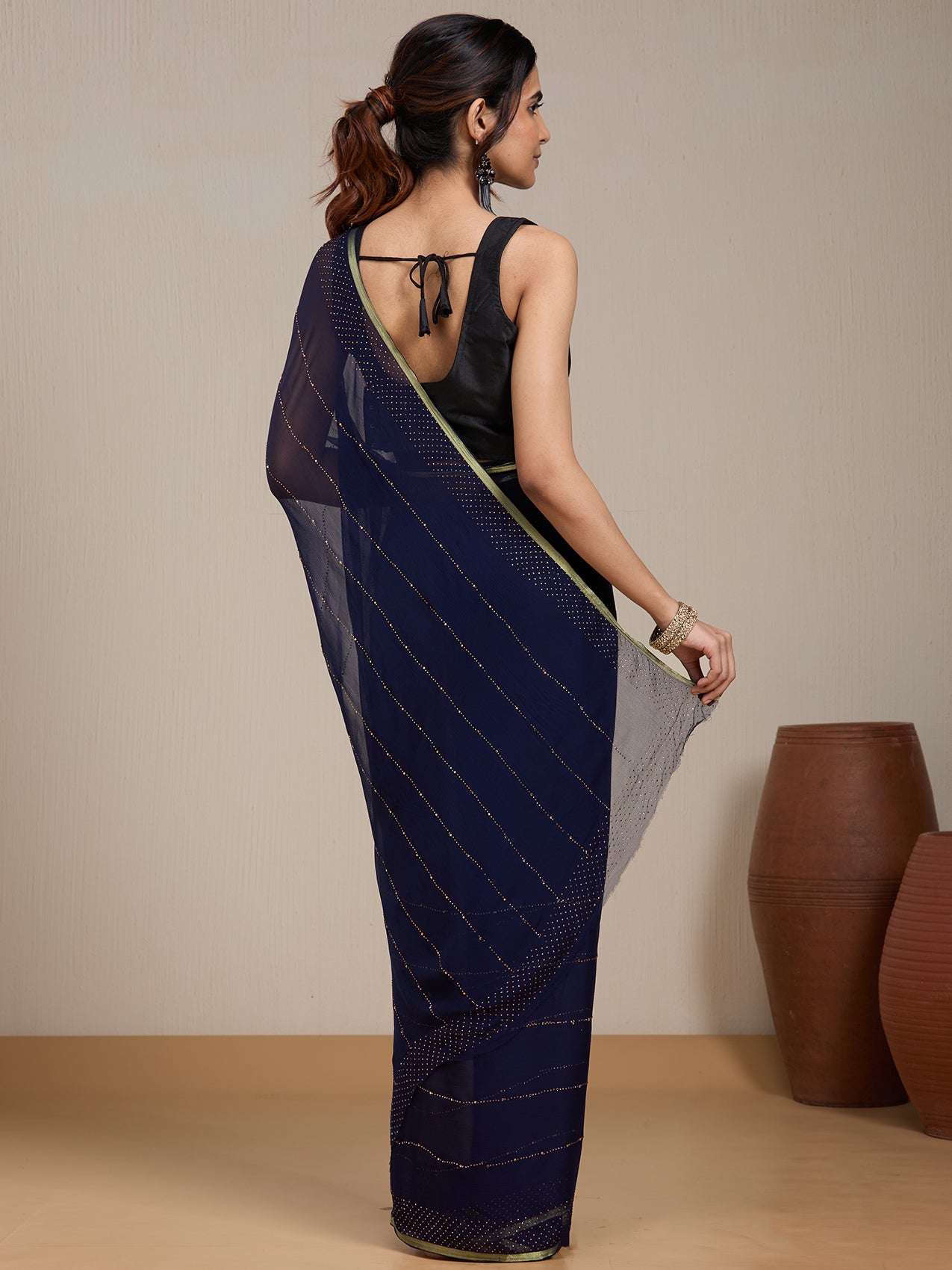 Vervee Couture Navy Blue Poly Georgette Embellished Saree with Sequinned Detail | EKA