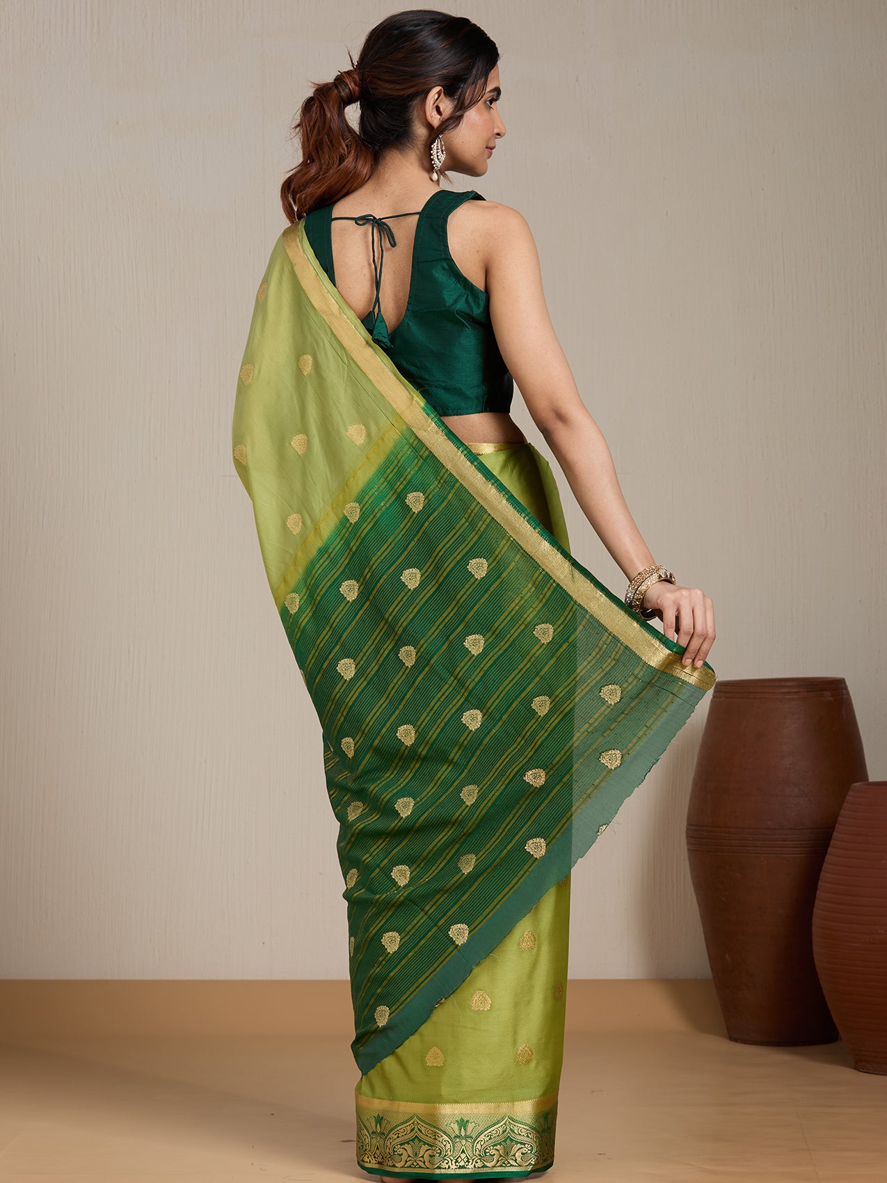 Vervee Couture Green Woven Silk Blend Saree with Zari Border | EKA