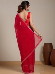 Vervee Couture Red Solid Poly Georgette Saree with Scalloped Border | EKA