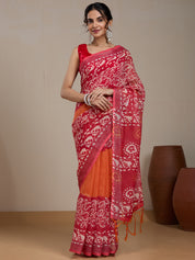 Vervee Couture Red Silk Blend Saree with Printed Border and Semi Stitched Blouse | EKA