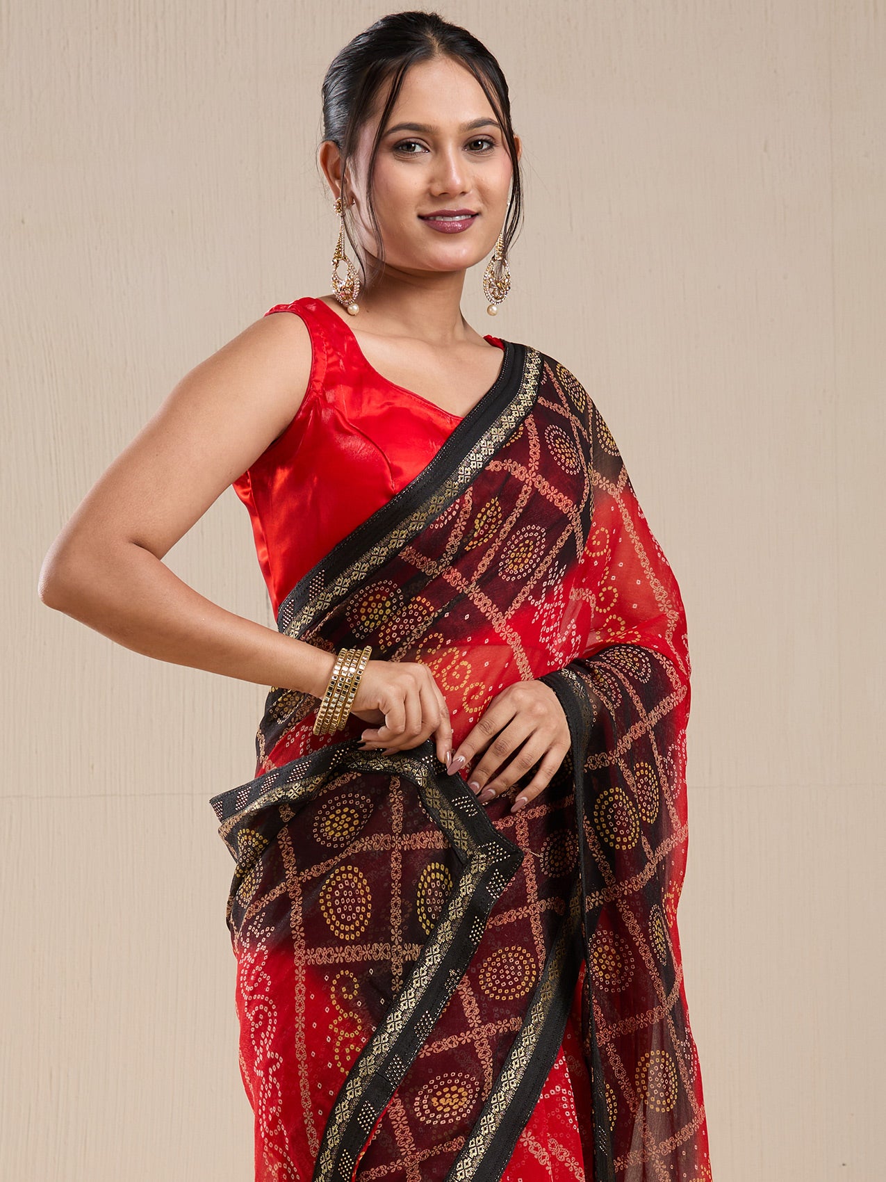 Vervee Couture Red Black Poly Georgette Saree with Contrast Border | EKA