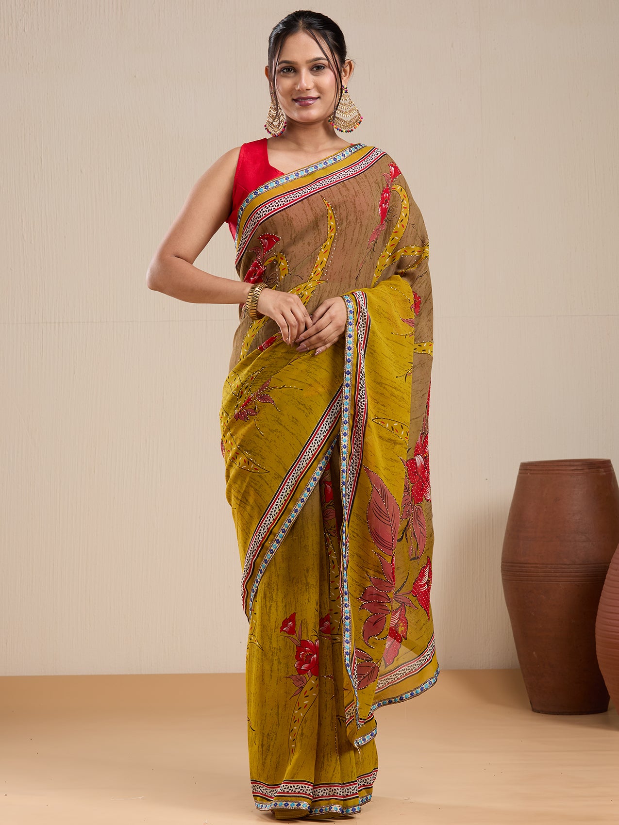 Vervee Couture Mustard Brown Floral Poly Georgette Saree | EKA