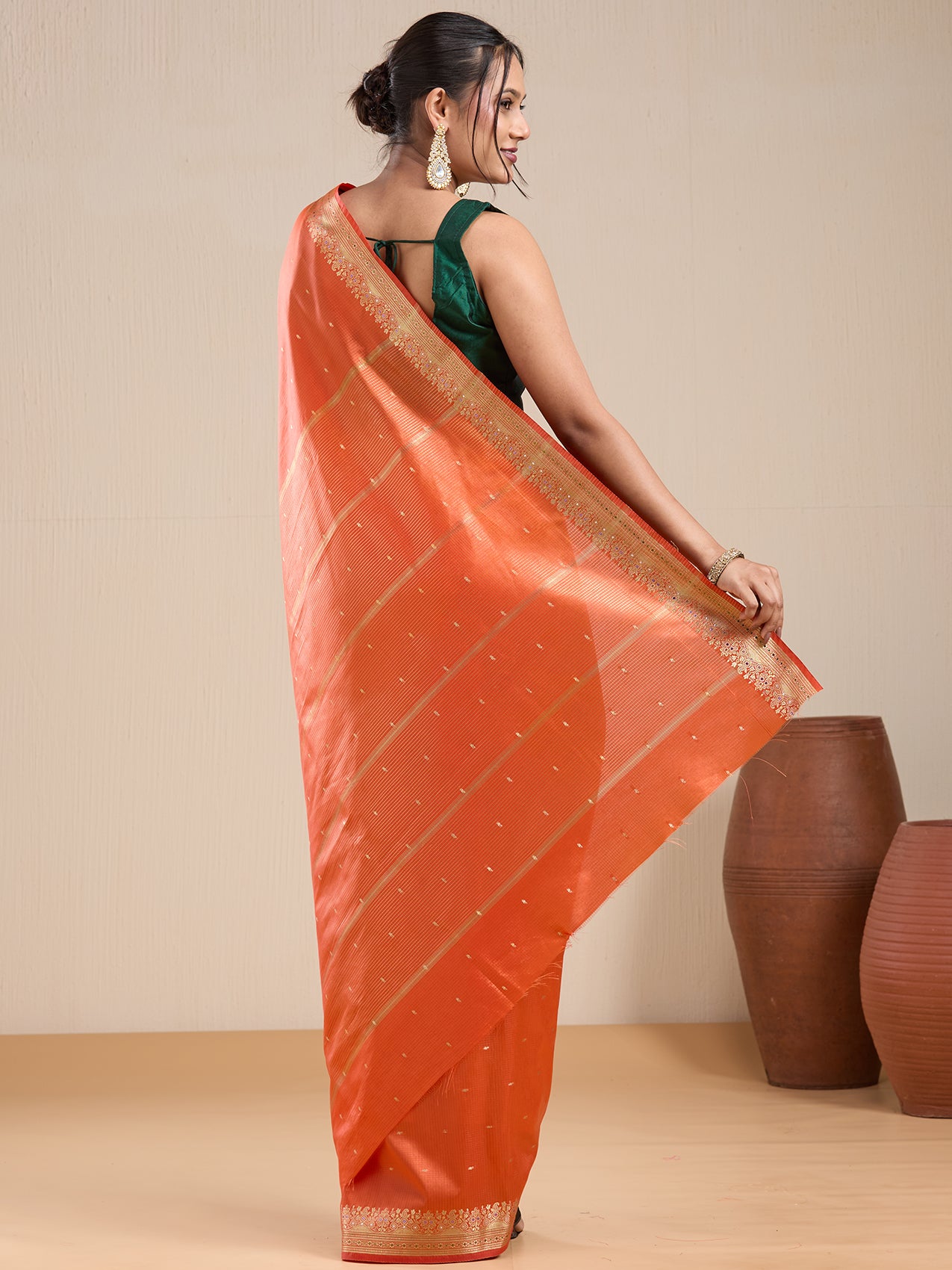Vervee Couture Orange Silk Blend Saree with Woven Border | EKA