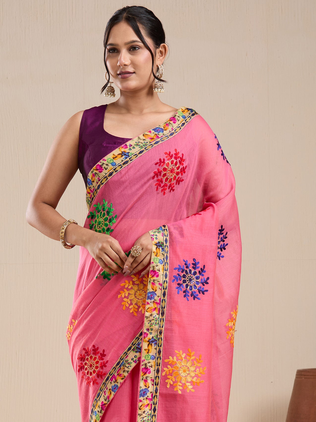 Vervee Couture Pink Floral Silk Blend Saree with Contrast Border and Semi Stitched Blouse | EKA