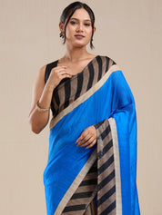 Vervee Couture Blue Striped Silk Blend Saree with Contrast Border and Semi Stitched Blouse | EKA