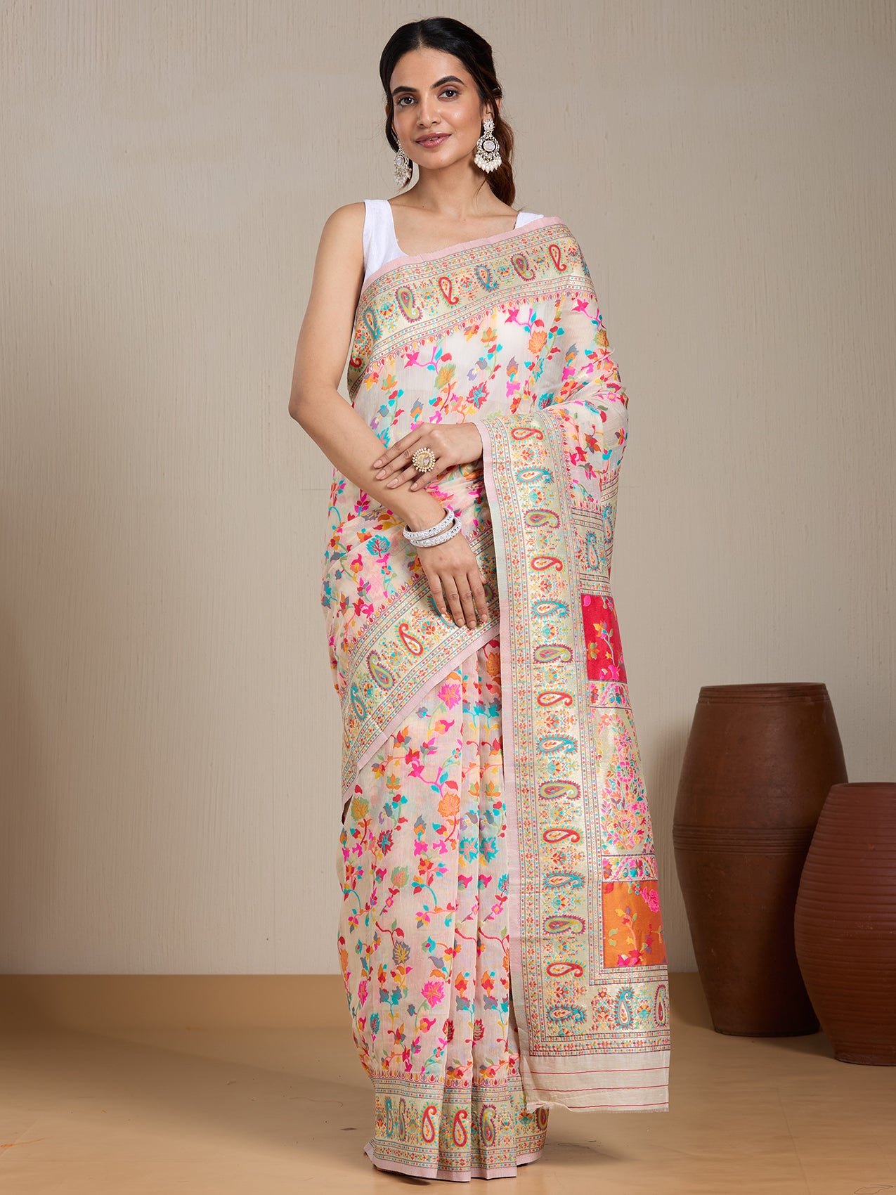 Vervee Couture Cream Multicolored Woven Floral Silk Blend Saree | EKA