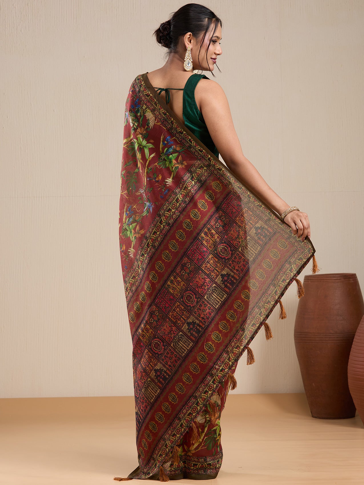 Vervee Couture Maroon Floral Silk Blend Saree with Decorative Border | EKA
