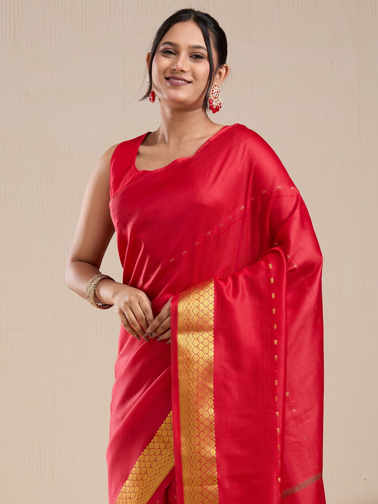 Vervee Couture Red Silk Blend Saree with Zari Border | EKA