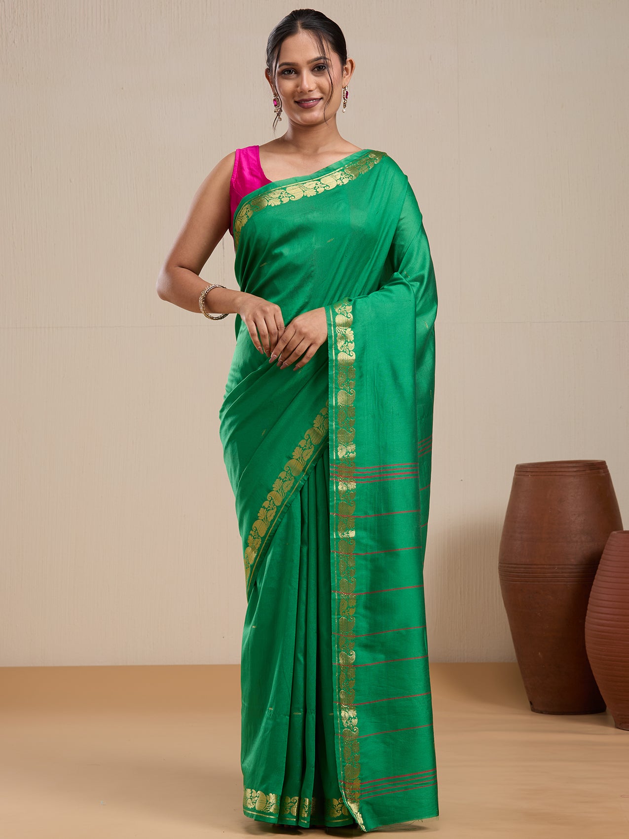 Vervee Couture Green Silk Blend Saree with Zari Border and Semi Stitched Blouse | EKA