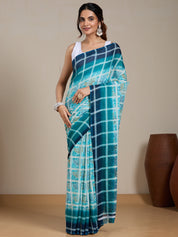 Vervee Couture Blue Green Checked Poly Georgette Saree | EKA