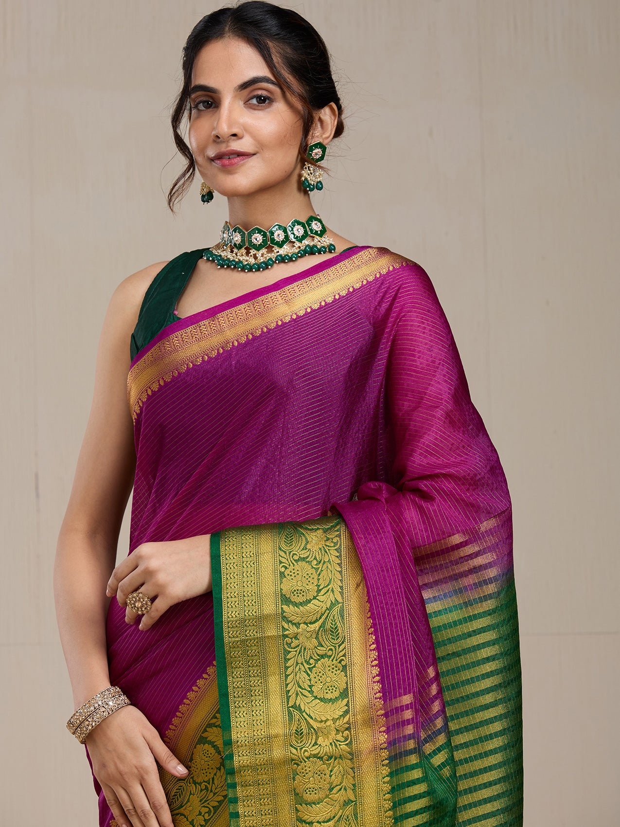 Vervee Couture Plum Green Woven Silk Blend Saree | EKA