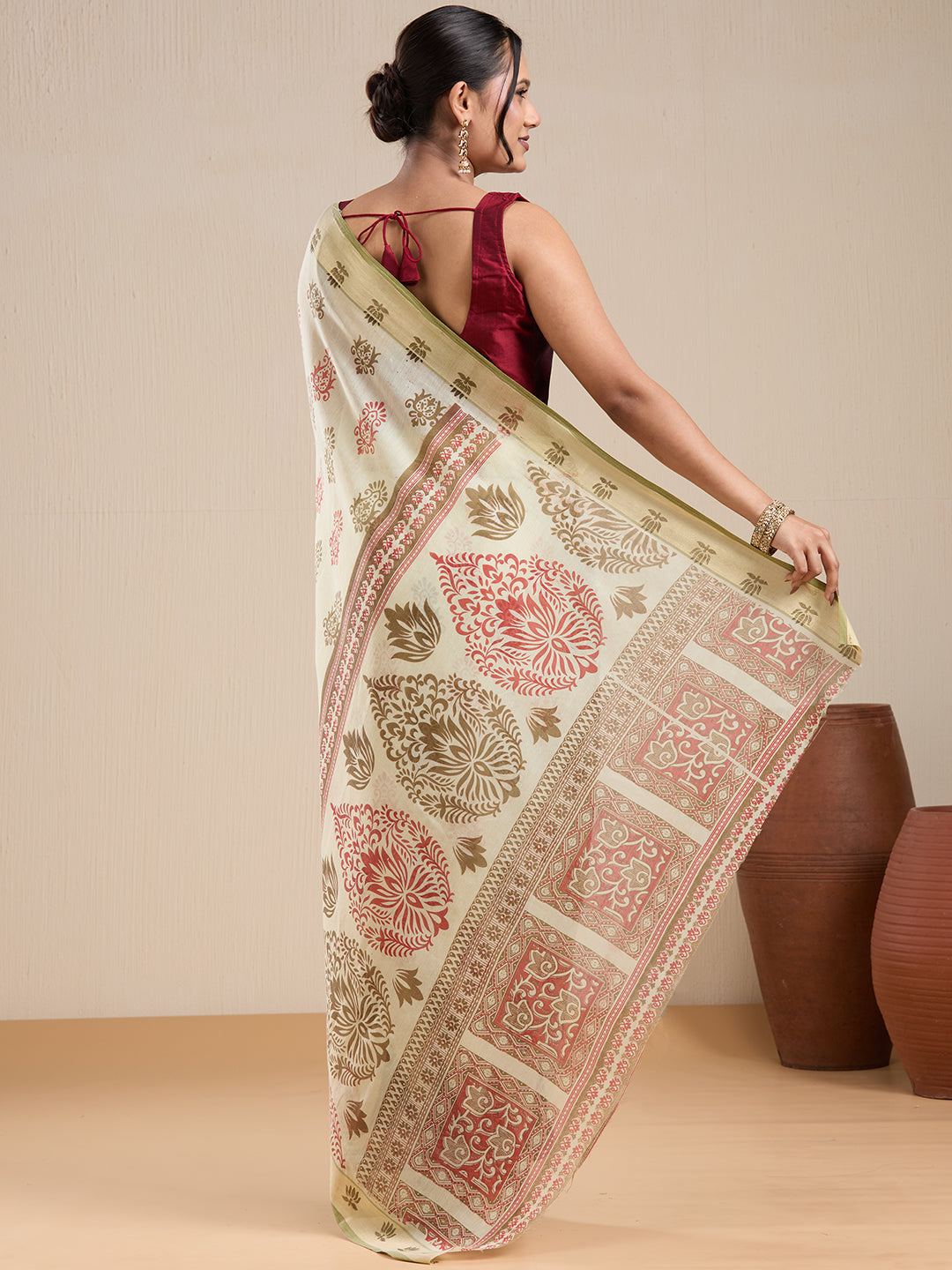 Vervee Couture Off White Printed Silk Blend Saree with Semi Stitched Blouse | EKA