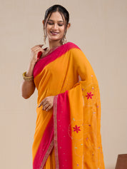 Vervee Couture Yellow Poly Georgette Saree with Contrast Border and Semi Stitched Blouse | EKA
