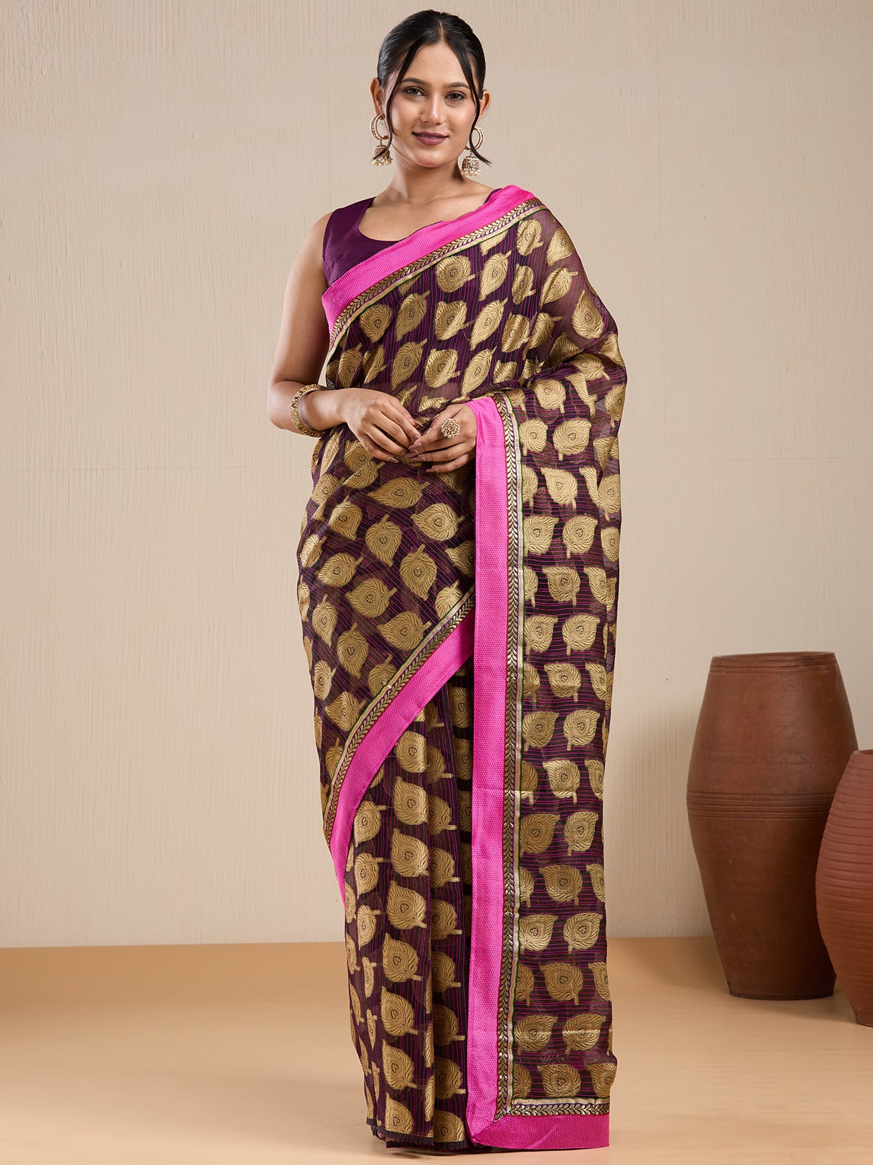 Vervee Couture Brown Woven Silk Blend Saree with Contrast Border and Semi Stitched Blouse | EKA