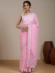 Vervee Couture Pink Poly Georgette Saree with Embroidered Border and Semi Stitched Blouse | EKA