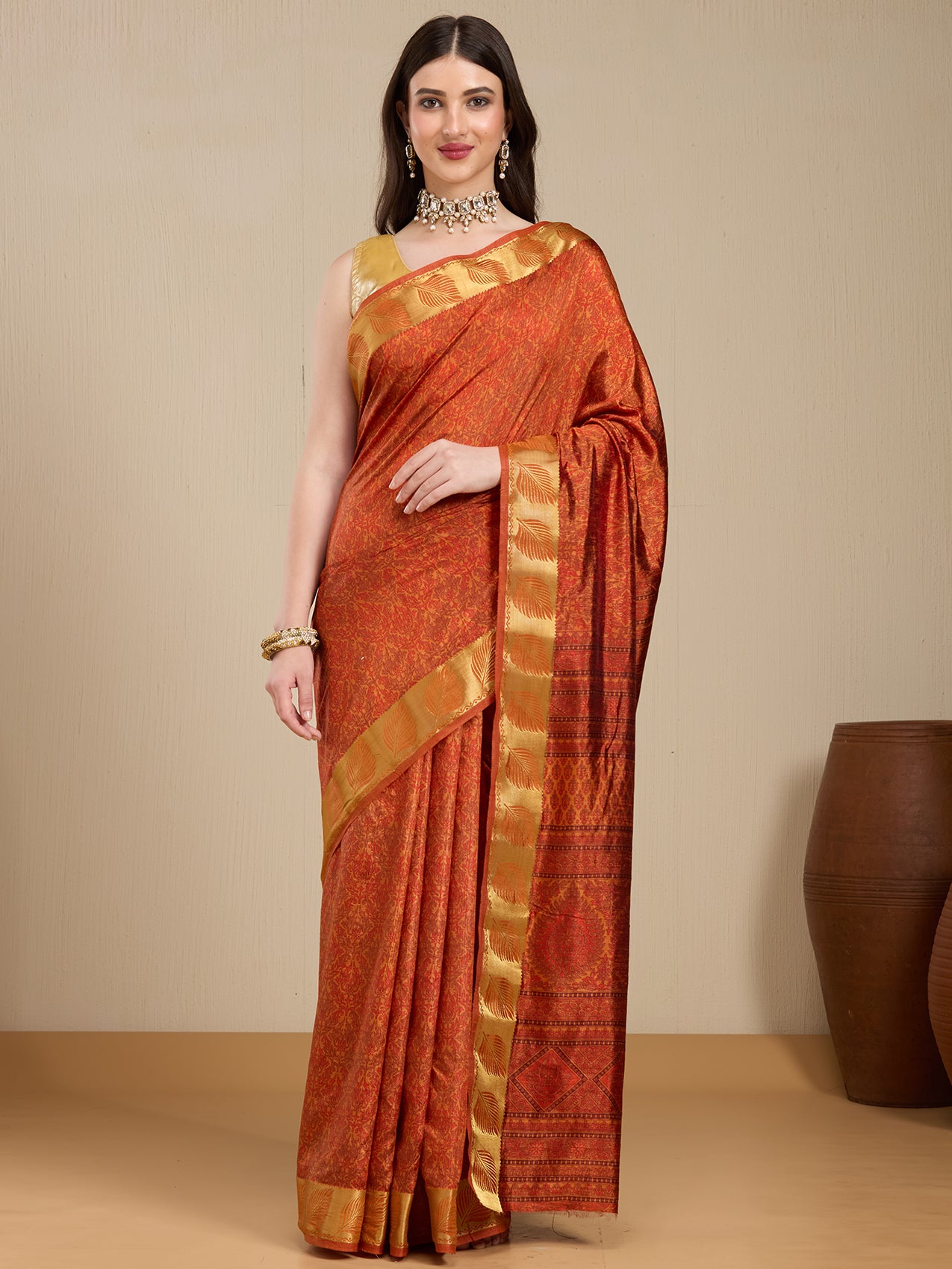 Vervee Couture Orange Silk Blend Saree with Zari Woven Design | EKA
