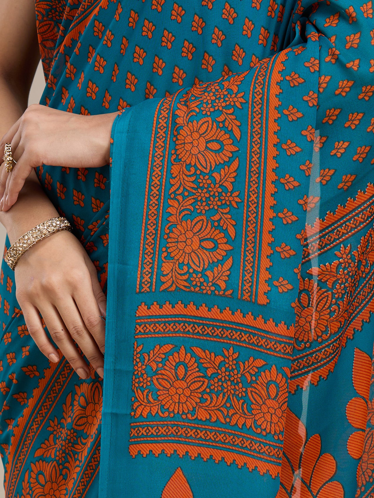 Vervee Couture Teal Printed Poly Georgette Saree with Contrast Border | EKA