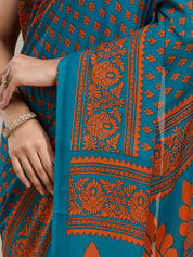 Vervee Couture Teal Printed Poly Georgette Saree with Contrast Border | EKA