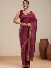 Vervee Couture Maroon Silk Blend Saree with Zari Border and Semi Stitched Blouse | EKA
