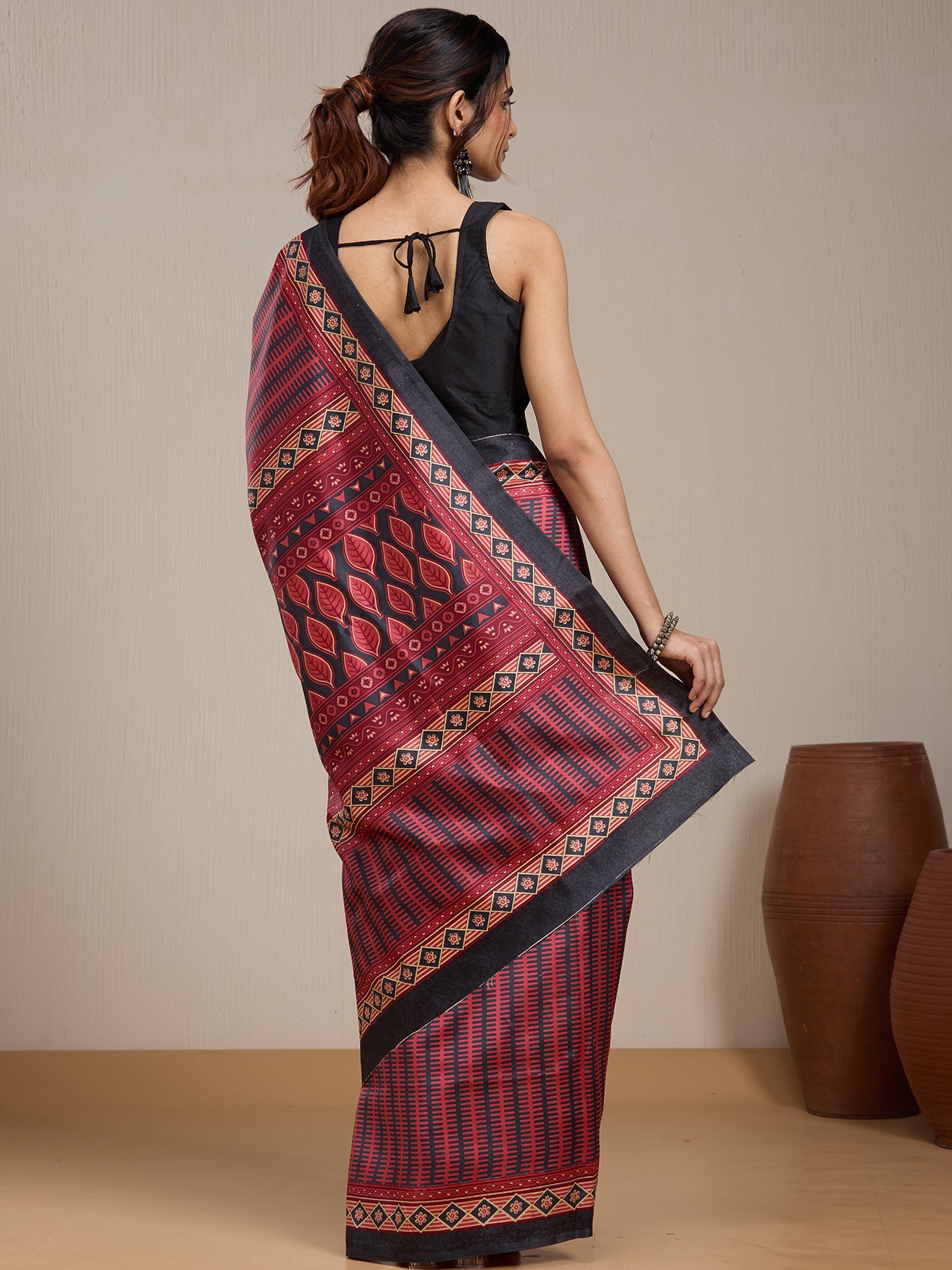 Vervee Couture Red Black Woven Silk Blend Saree with Ethnic Motifs | EKA