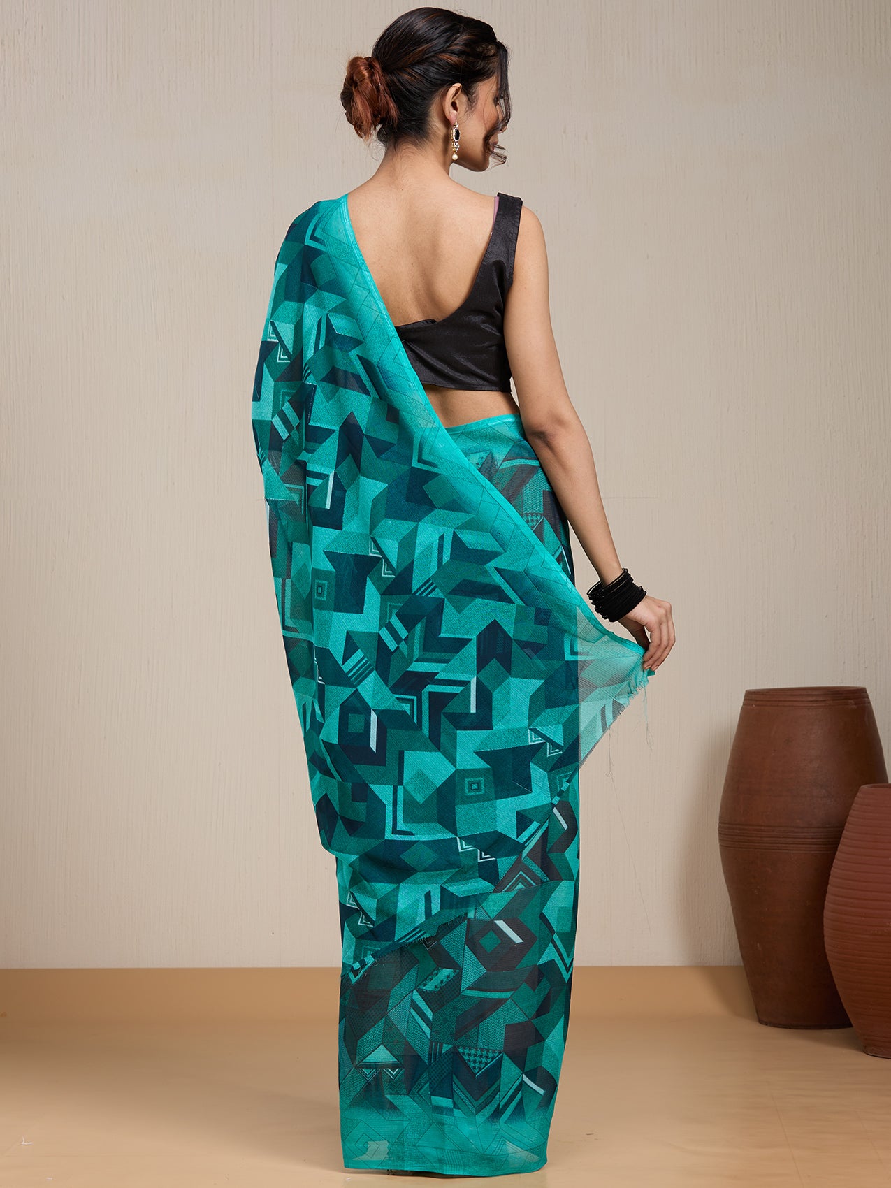 Vervee Couture Teal Printed Poly Georgette Saree | EKA