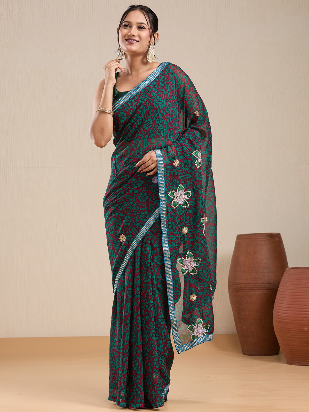 Vervee Couture Green Red Printed Poly Georgette Saree with Embroidered Border | EKA