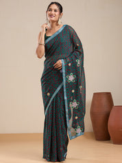 Vervee Couture Green Red Printed Poly Georgette Saree with Embroidered Border | EKA