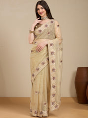 Vervee Couture Beige Silk Blend Saree with Zari Embroidered Motifs | EKA