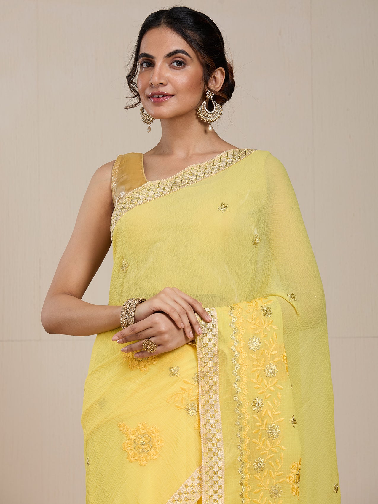 Vervee Couture Yellow White Floral Poly Georgette Saree | EKA