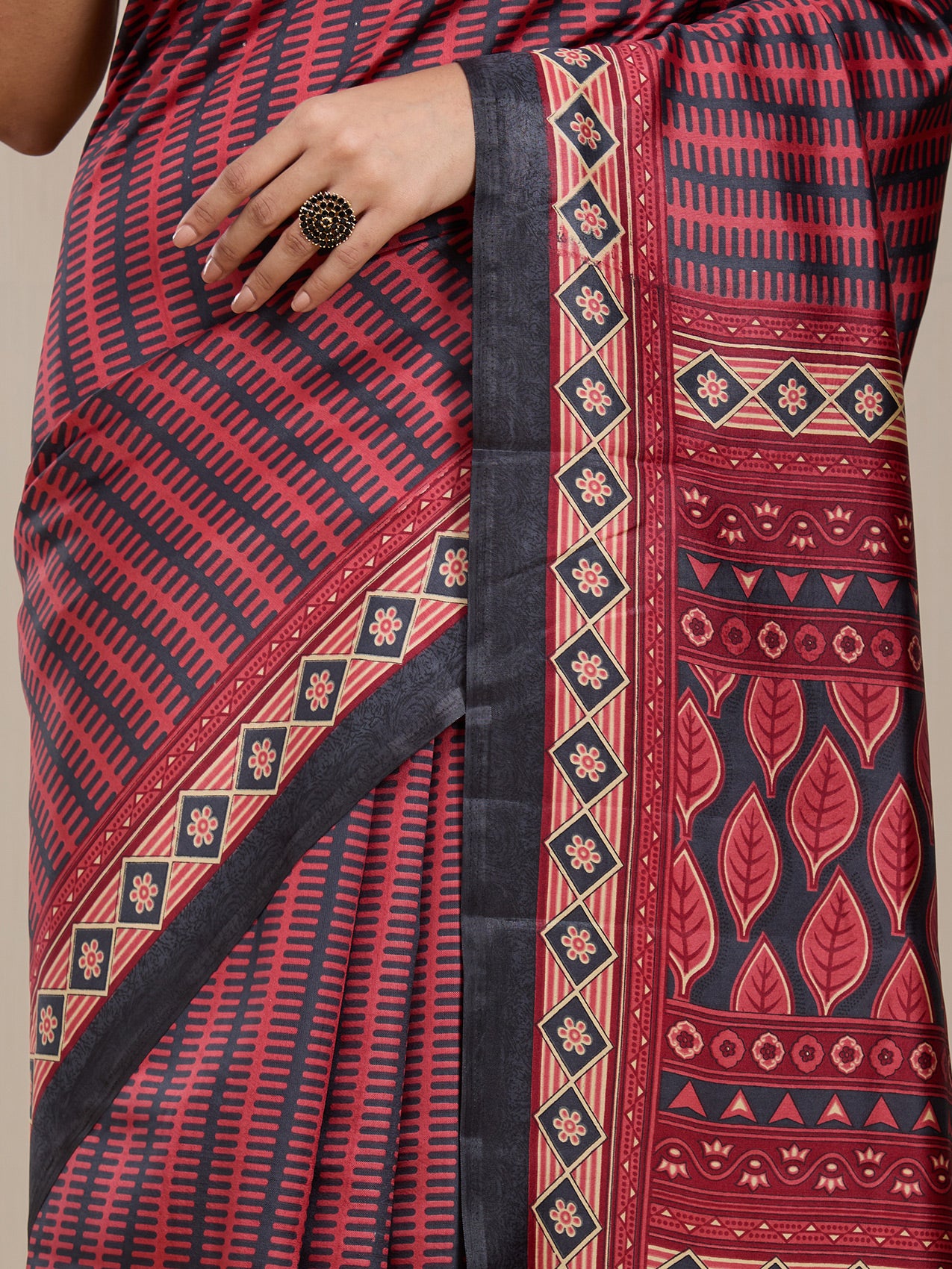 Vervee Couture Red Black Woven Silk Blend Saree with Ethnic Motifs | EKA