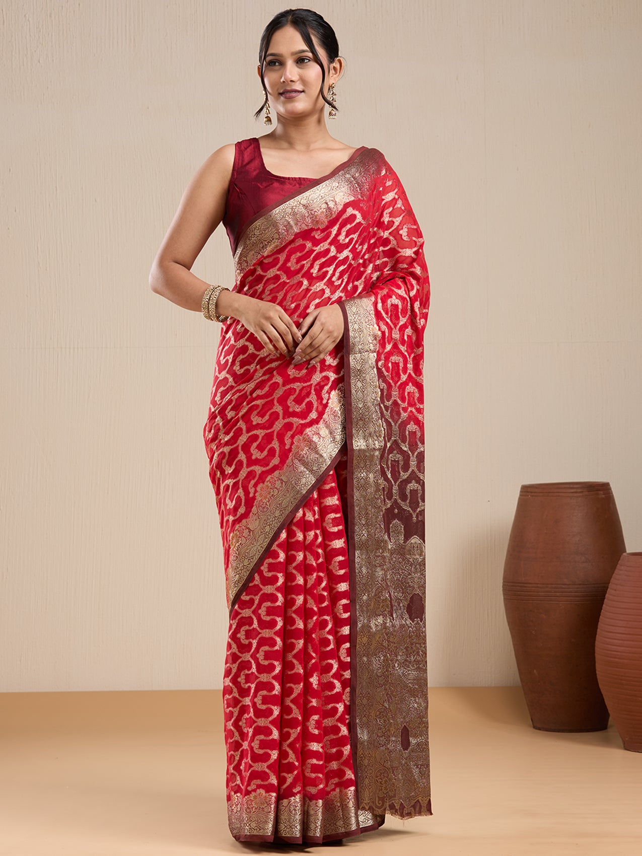 Vervee Couture Red Printed Poly Georgette Saree with Zari Border and Semi Stitched Blouse | EKA