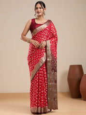 Vervee Couture Red Printed Poly Georgette Saree with Zari Border and Semi Stitched Blouse | EKA