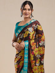 Vervee Couture Brown Yellow Floral Poly Georgette Saree with Semi Stitched Blouse | EKA