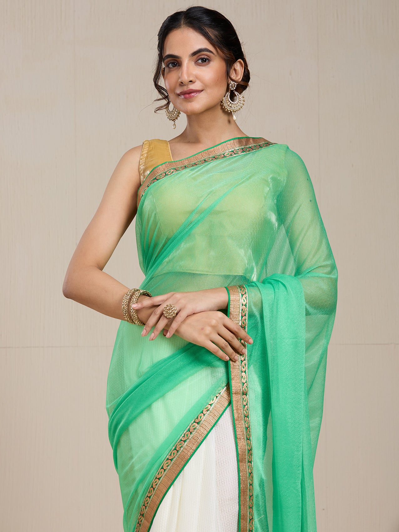 Vervee Couture Forest Green Poly Georgette Embellished Saree | EKA