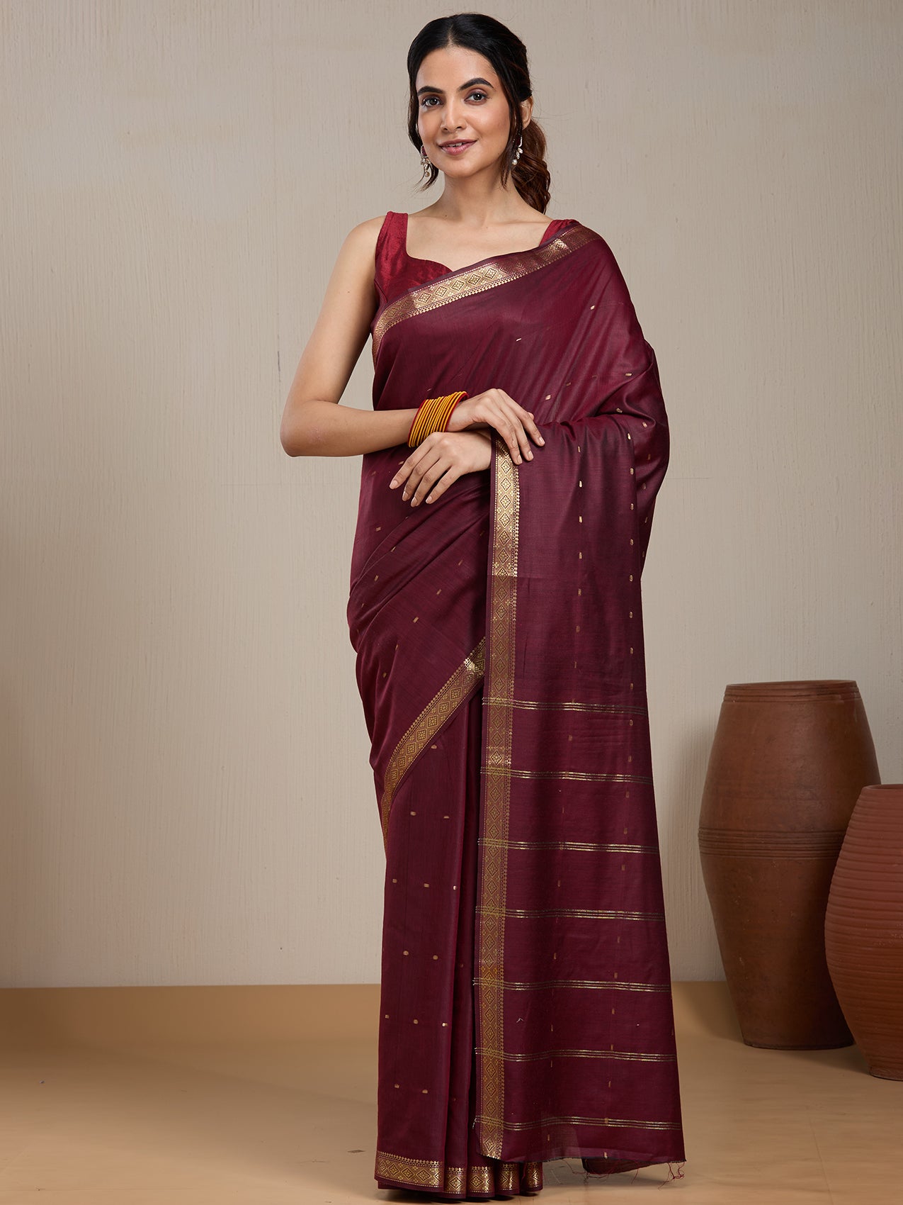 Vervee Couture Maroon Woven Silk Blend Saree with Zari Border | EKA