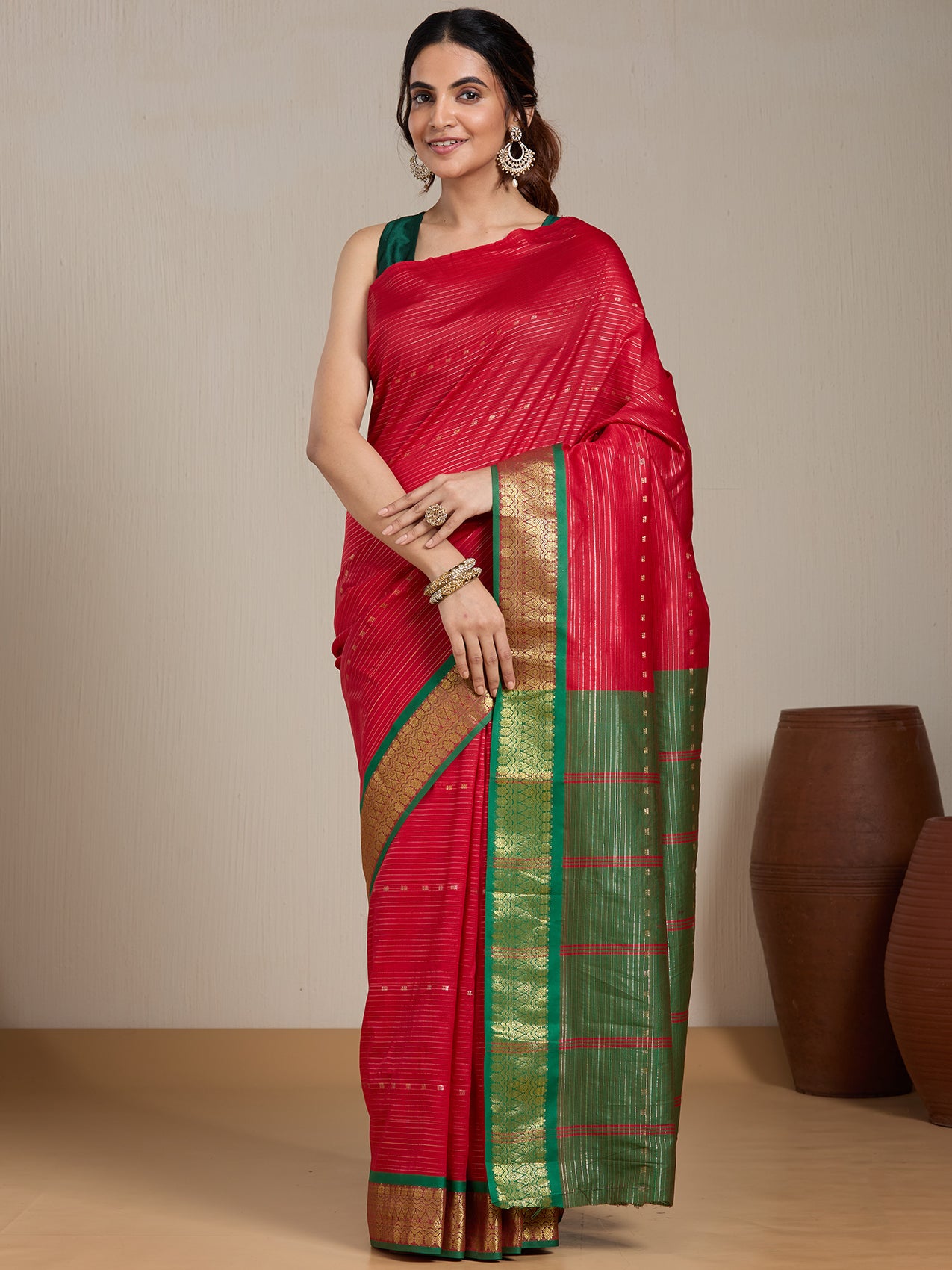 Vervee Couture Red Green Woven Silk Blend Saree | EKA