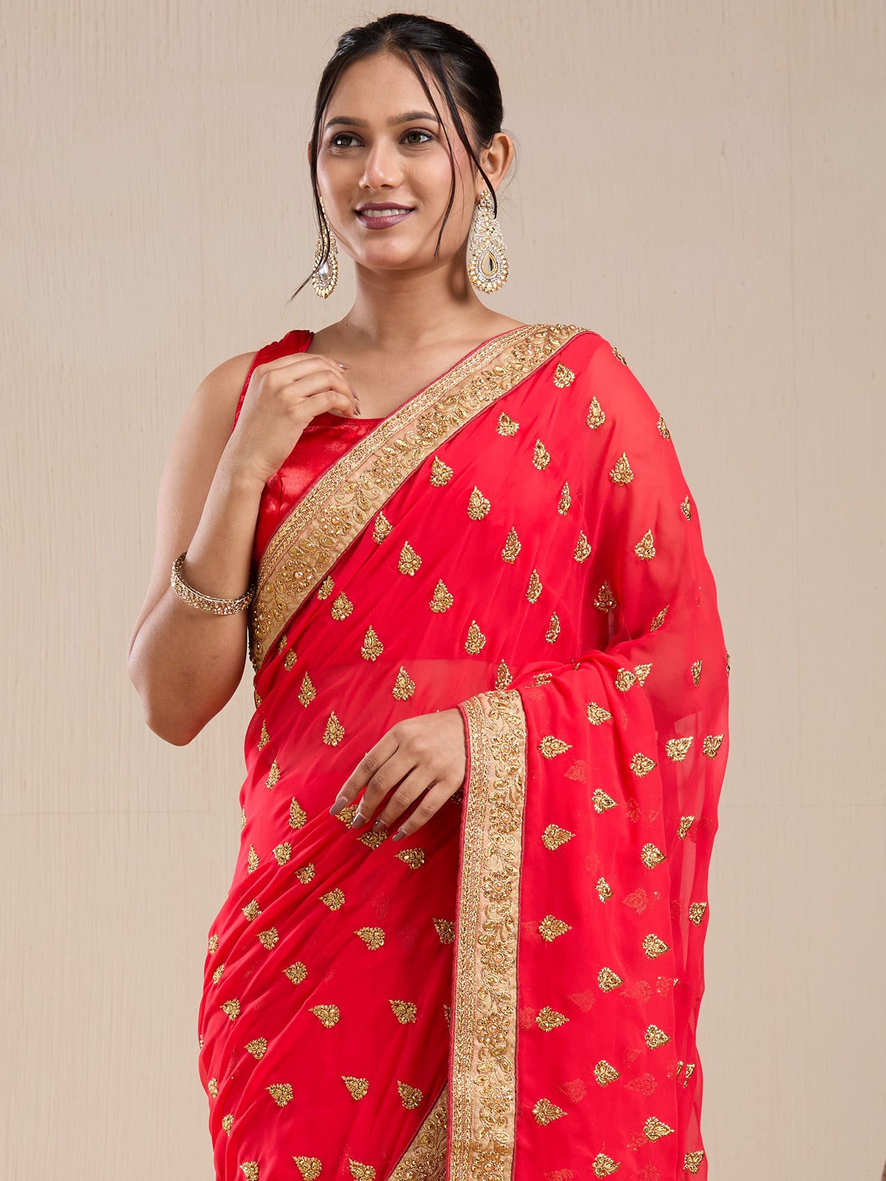 Vervee Couture Red Poly Georgette Saree with Woven Butti Border | EKA