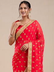Vervee Couture Red Poly Georgette Saree with Woven Butti Border | EKA