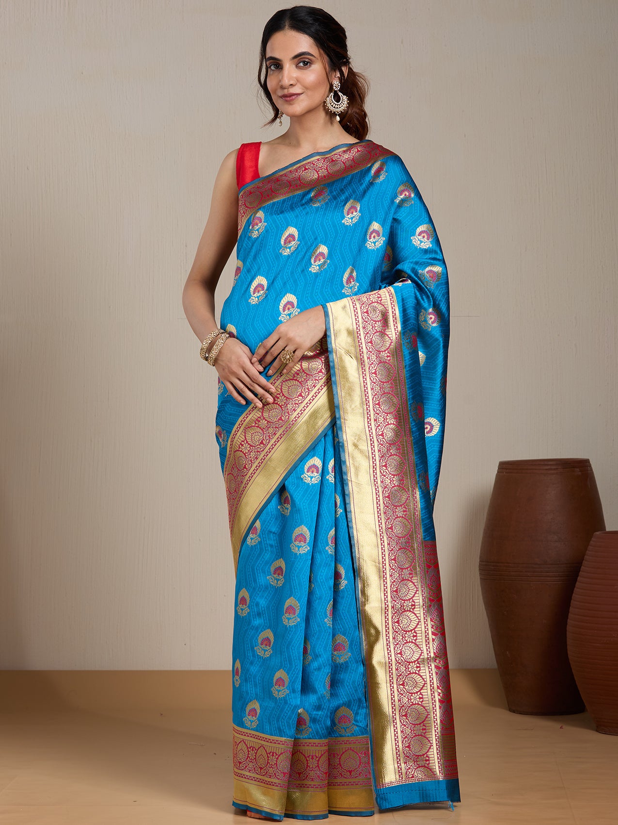 Vervee Couture Blue Woven Silk Blend Saree with Zari Border | EKA