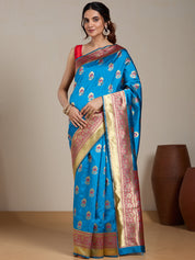 Vervee Couture Blue Woven Silk Blend Saree with Zari Border | EKA