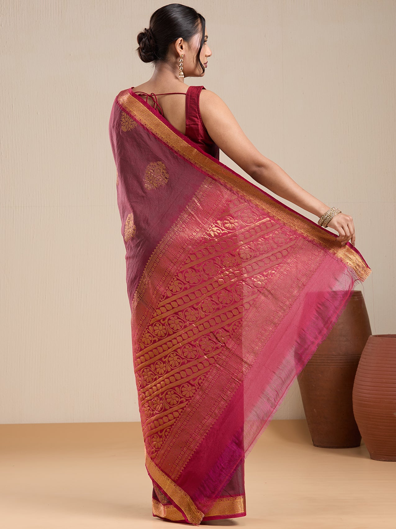 Vervee Couture Maroon Silk Blend Saree with Zari Border and Semi Stitched Blouse | EKA